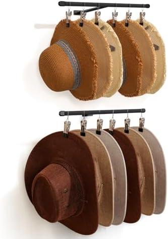 Hat Rack Organizer for Cowboy Sun Wide-brim Hats Wall Mount, Metal Bucket Baseball Caps Winter Beanies Hanger for Closet Entryway Living Room Bedroom Holder for Large Hat 7 Clips Black 2 pics
