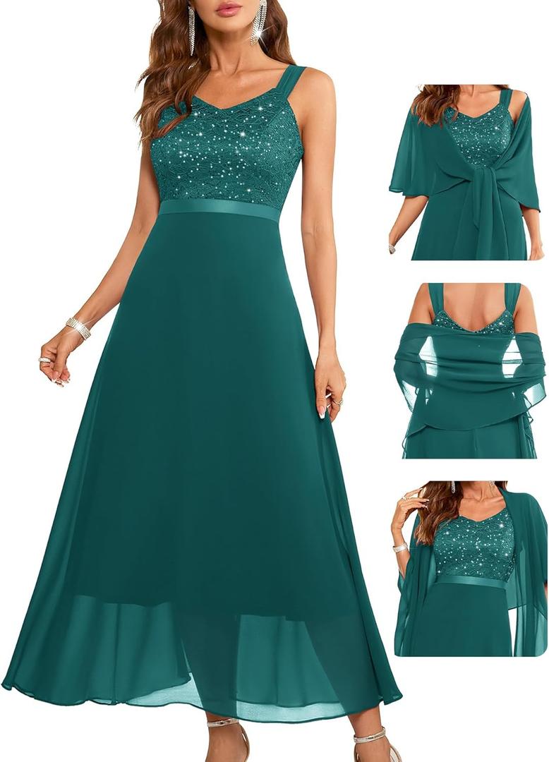 BeryLove Formal Wedding Guest Sequin Prom Dresses Cocktail Evening Lace Elegant Mother of The Bride Dress (Small, Peacock Green)
