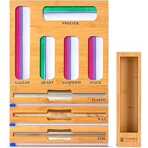Calmbee 9 IN 1 Storage Bag Organizer for Kitchen Drawer, Bamboo Foil and Plastic Wrap with Cutter, Organizers Compatible Gallon, Quart, Sandwich Snack Size
