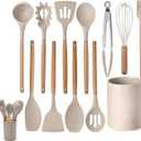 Silicone Cooking Utensils Set - 446F Heat Resistant Kitchen Utensils,Turner Tongs,Spatula,Spoon,Brush,Whisk,Kitchen Utensil Gadgets Tools Set for Nonstick Cookware,Dishwasher Safe (BPA Free) (Khaki)