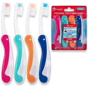 Lingito Travel Toothbrushes Medium, Mini Toothbrush with Toothbrush Cover, Camping Toothbrush, Interlock Folding Travel Size Toothbrush, Adults Travel Toothbrush Kit (4 Pack Medium)
