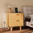 Urban Deco Fluted Nightstand with Charging Station, Mid Century Modern Nightstand, Wooden Side Table with 2 Fluted Drawers, End Table with Solid Wood Legs for Bedroom, 15.4 x 15.4 x 22.8 in (Natural)