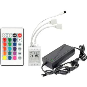 24 Key LED Strip Controller, Wireless Rectifier Control Box, IR Remote Controller, DC 12V 5A Power Supply Plug Adapter for 2835 3528 5050 RGB LED Strip Lights(2 Ports)