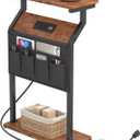 Narrow Side Table with Charging Station, Compact Side Table for Small Spaces, Couch Table with Storage Bag for Living Room, Bedroom, Rustic Brown