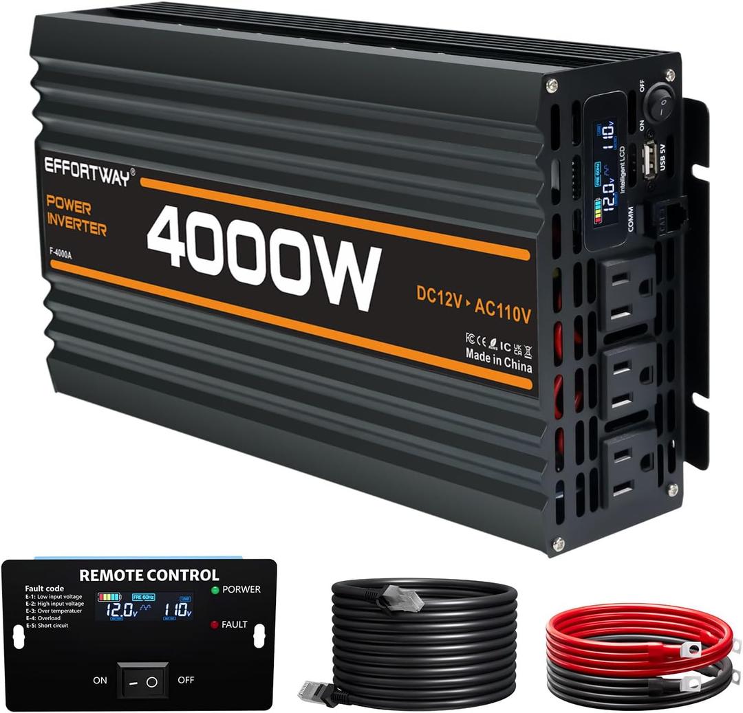 4000W Power Inverter, 12V DC to 110V/120V Modified Sine Wave Inverter with 3 AC Outlets, USB Port, Wired Remote Controller, Car Power Inverter for RV, Truck, Boat, Camping, Off-Grid