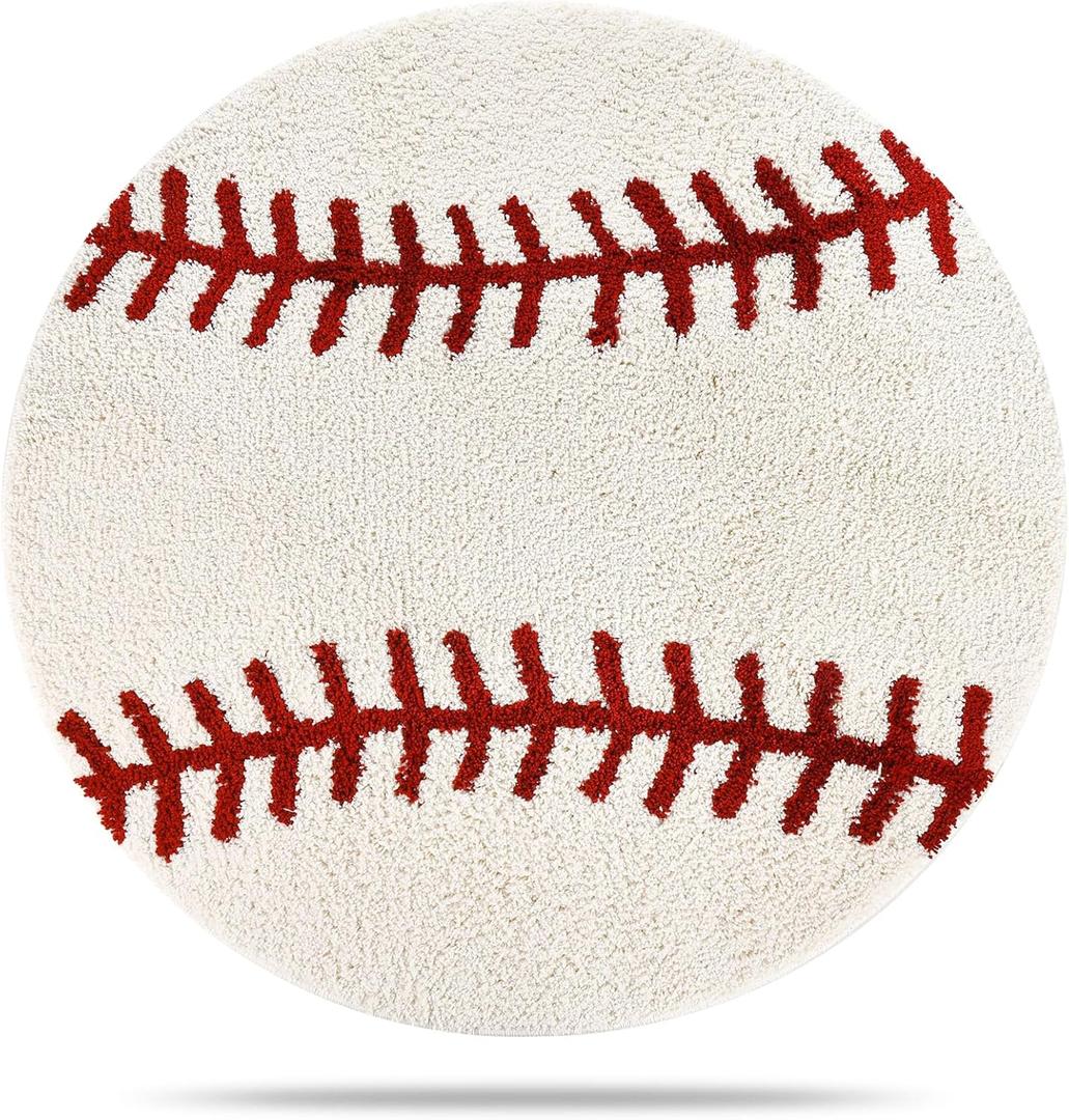 Baseball Round Area Rug 3 ft / 36 Inch  Cool Y2K Soft Microfiber with Non-Slip TPR Backing, Sports Theme Rug, Cute Decor, Perfect Mens Gift for Bedroom, Kids Room, Playroom, Living Room