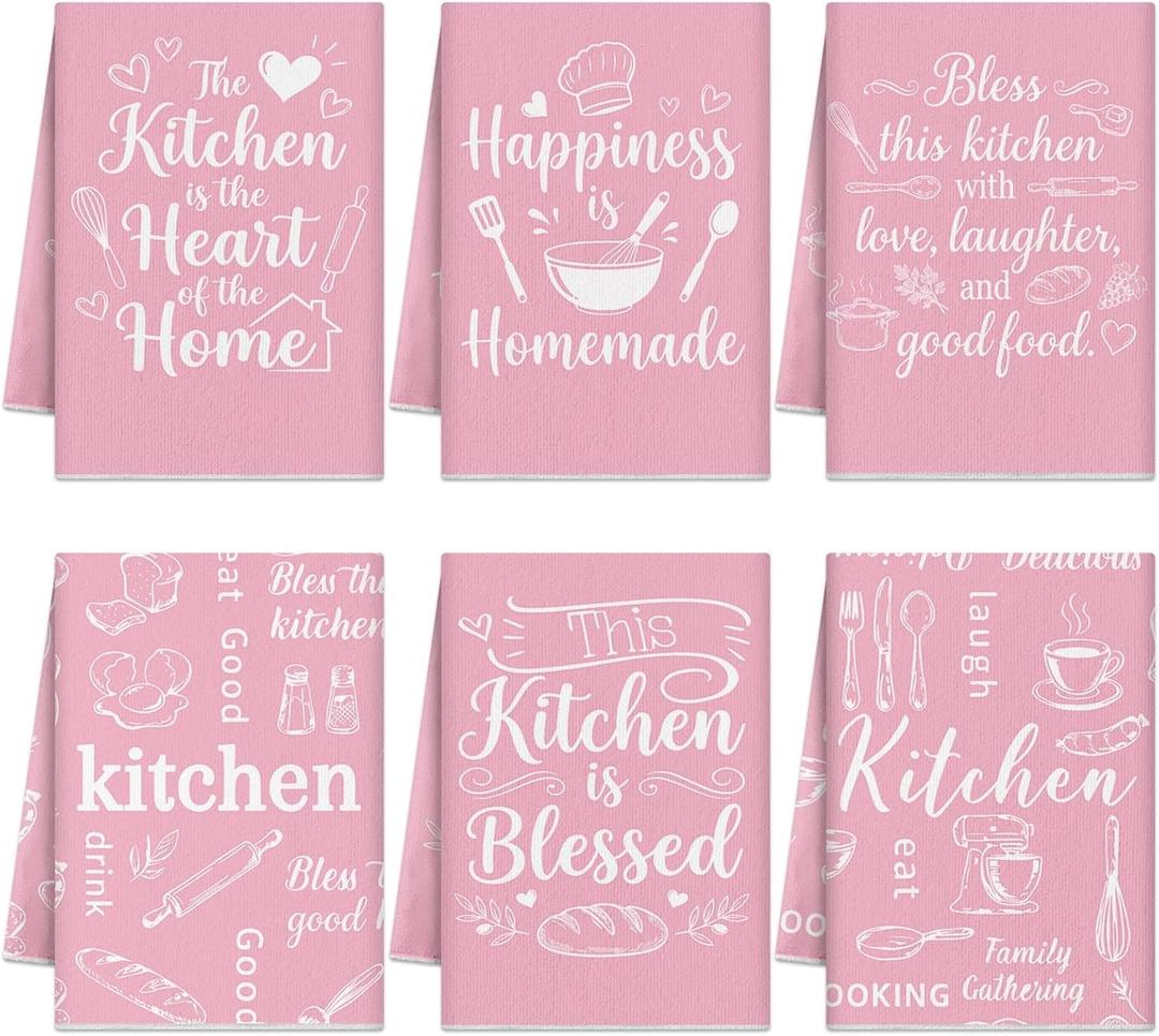 Pink Kitchen Towels Absorbent Microfiber, Cute Decorative Dish Towels for Drying, Heart of The Home Quote Hand Tea Towel Set of 6, Sweet Baking Theme Decor Gifts for Mom Women, 16x24 Inch