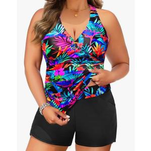 Daci Plus Size Tankini Swimsuit for Women - Two Piece Tummy Control Bathing Suit Tankini Top with Two Pockets Shorts, 18W