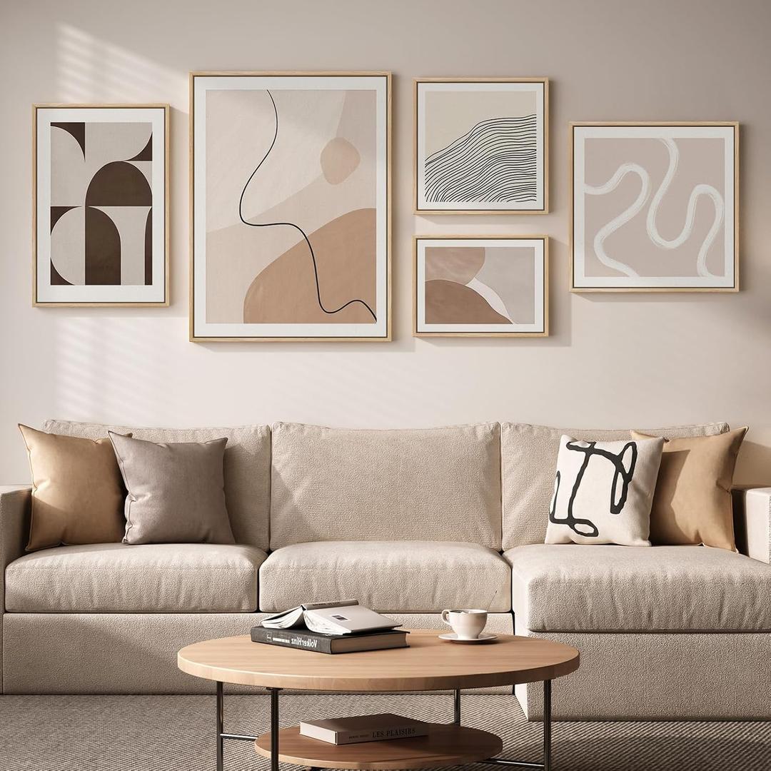 Large Framed Neutral Beige Abstract Wall Art for Living Room, 5 Piece Set, 16x24 in/24x32 in/16x16 in/12x16 in/20x20 in