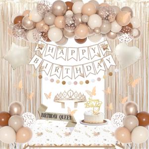 Birthday Decorations for Women, Boho Beige Cream Neutral Champagne White Sand Foil Balloons Table Cloth Sash Crown Curtains Happy Birthday Banner Circle Garland Butterfly Fall Party Supplies