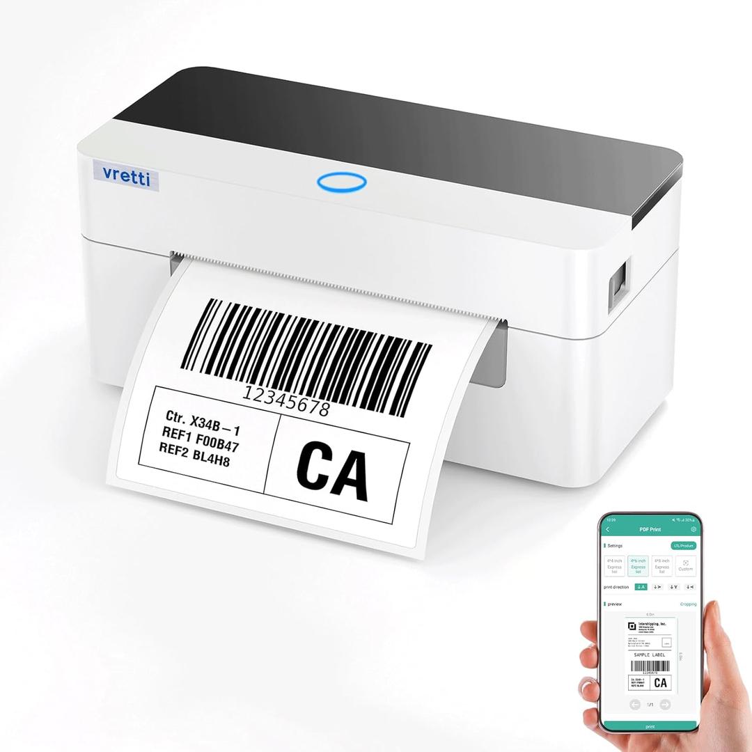 vretti Shipping Label Printer - Bluetooth Thermal Label Printer for Shipping Packages & Small Business, Thermal 4x6 Compatible with iPhone Android Window Mac USPS (White)