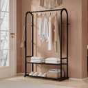 Freestanding Clothes Rack,Sturdy Metal Garment Racks for Hanging Clothes,Black Clothing Racks with bottom shelves & 6 Hooks,Multi-Functional Wardrobe Rack for Bedroom or Closet