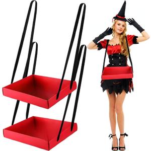 Junkin 2 Pcs Snack Trays with Strap Wearable Party Serving Tray Foldable Usherette Popcorn Drink Beverage Carrier Red Movie Night Costume Accessory Prop with 4 Ribbons, 2 x 11 x 13 Inches(Red)