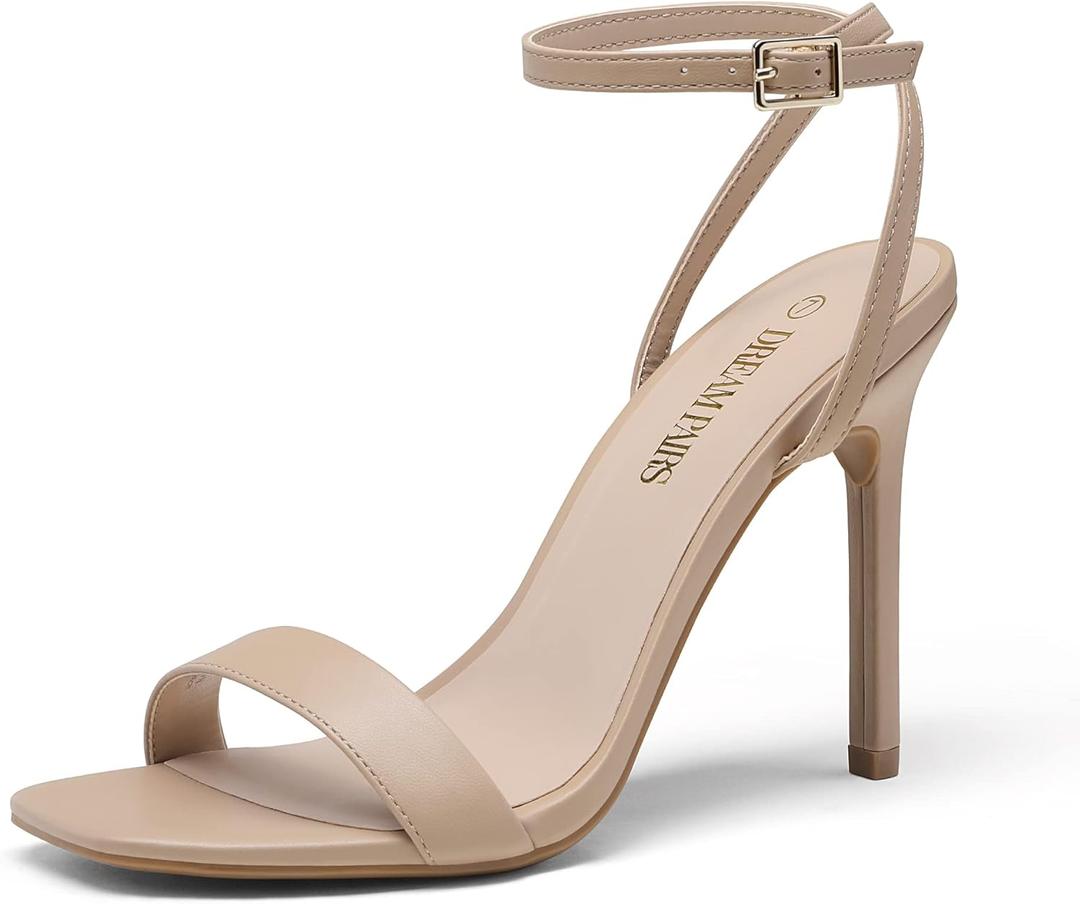DREAM PAIRS Womens High Stilettos Open Square Toe Ankle Strap Heels Sexy Comfort Strappy Dress Shoes Wedding Bridal Pumps Sandals (9.5, Nude)