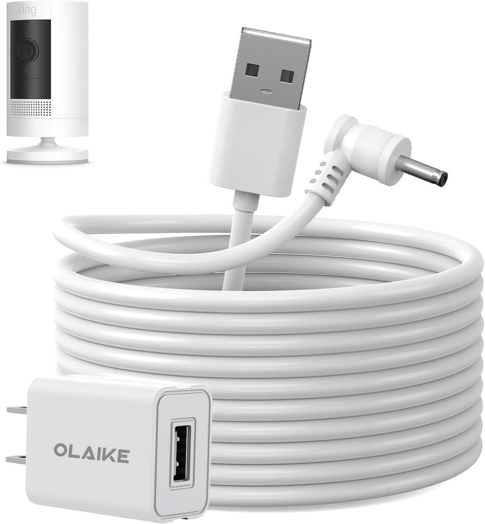 OLAIKE 5m/16ft Charge Cable with DC Power Adapter Compatible with Ring Stick Up Cam Battery 3rd Gen/2nd Gen/Plug-in, Weatherproof Cable to Continuously Charge Your Camera,White