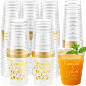 Xvvti 16 Pack Happy Friendsgiving Cups Thanksgiving Cups 12 Oz Gold Rim Fall Pumpkin Clear Disposable Plastic Drinking Cup for Thanksgiving Party Supplies