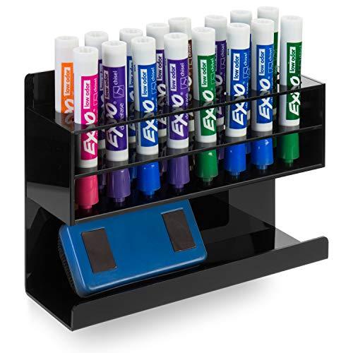 MyGift Wall Mounted Premium Black Acrylic Dry Erase Marker Holder with 16 Slots for Marker Pens and Eraser Storage Tray Whiteboard Accessories Rack for Home Office School Dorm
