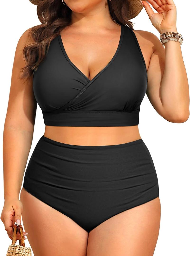 Tempt Me Plus Size High Waisted Bikini - Women Two Piece Swimsuit Tummy Control Bathing Suit 2025 Swimwear (Black, 22 Plus)