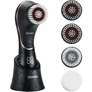 Facial Cleansing Brush, Electric Face Scrubber Rechargeable Exfoliator IPX-7 Waterproof Rotating Cleanser for Exfoliating, Massaging and Deep Cleansing for Women & Men with 4 Brush Heads Black (Black & Rose Gold)