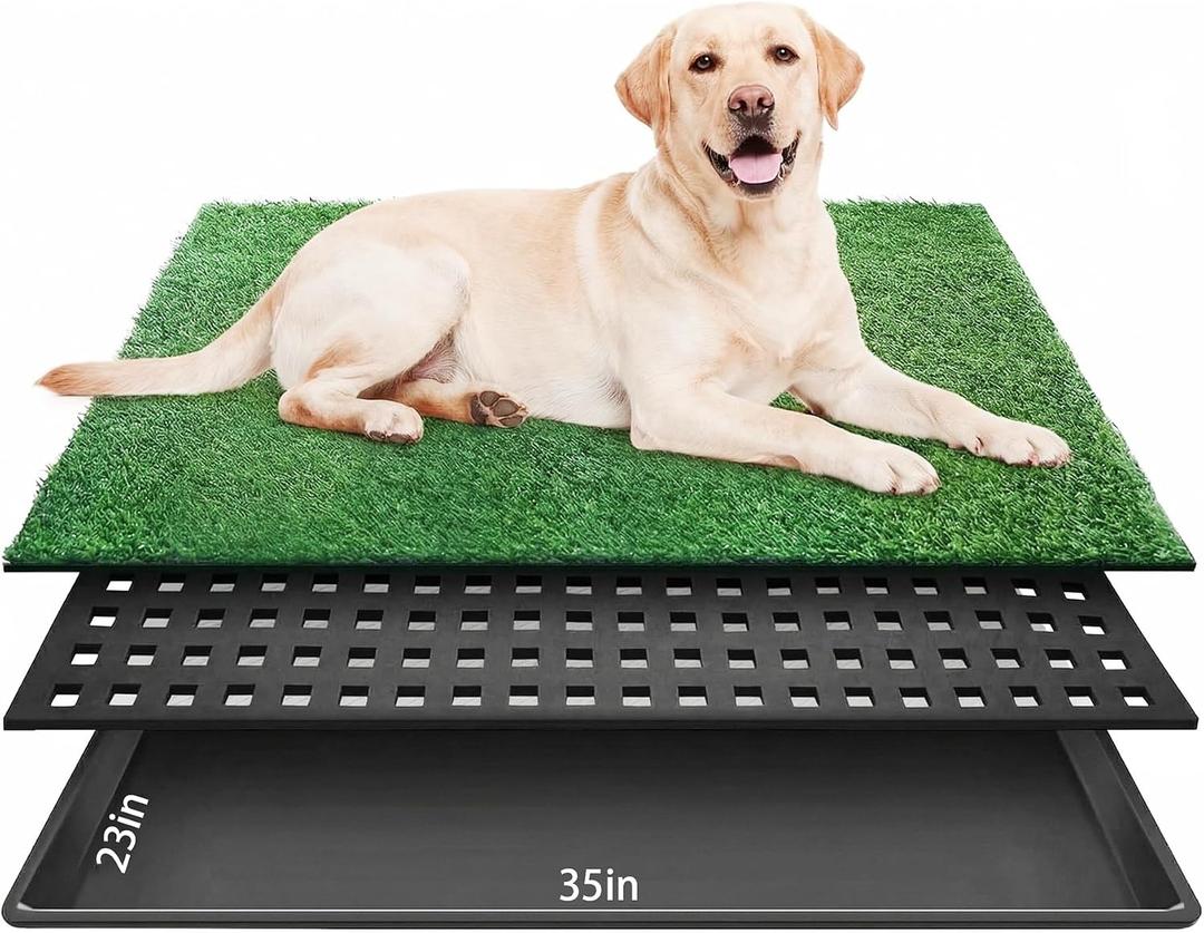 Dog Grass Pad with Tray 35"x23" Large Dog Litter Box, Artificial Grass for Dogs Potty with 3 Disposable Mats & EVA Base, Reusable Indoor Dog Potty Training for Apartment Balcony (Green, Large)