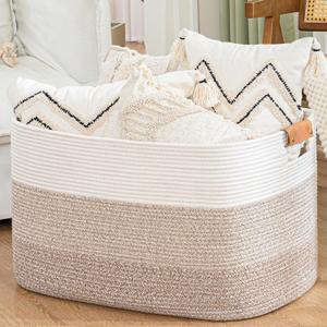 danpinera 108L Large Blanket Basket for Living Room, Woven Storage Basket with Leather Handles, Cotton Rope Storage Organization in Nursery for Toys & Clothes 25 ''* 16 ''*16 '', Gradient Brown