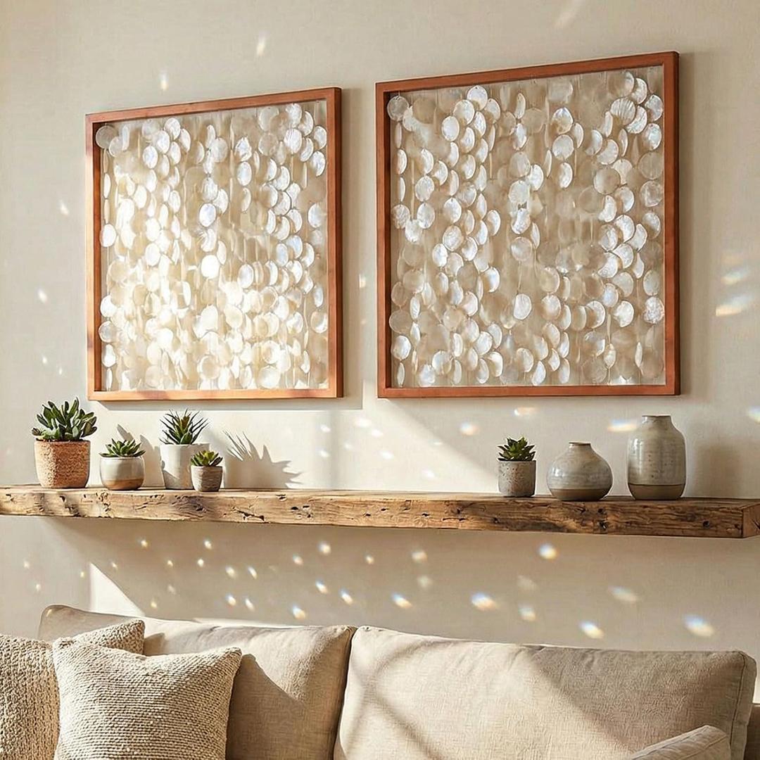 Yerliker 2 Pcs 24"x24" Capiz Shell Wall Decor, Framed Seashell Wall Art, 23.62"L x 23.62"W
