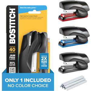 Bostitch Office Heavy Duty Stapler, 40 Sheet Capacity, No Jam, Half Strip, Fits into the Palm of Your Hand, For Classroom, Office or Desk, No Color Choice, One per Order (B175-ASST)