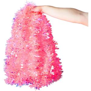 20Ft Iridescent Pink Christmas Tinsel Garland,Glittering Metallic Tinsel Twist Hanging Garland for Xmas Tree Wedding Home and Party Decoration