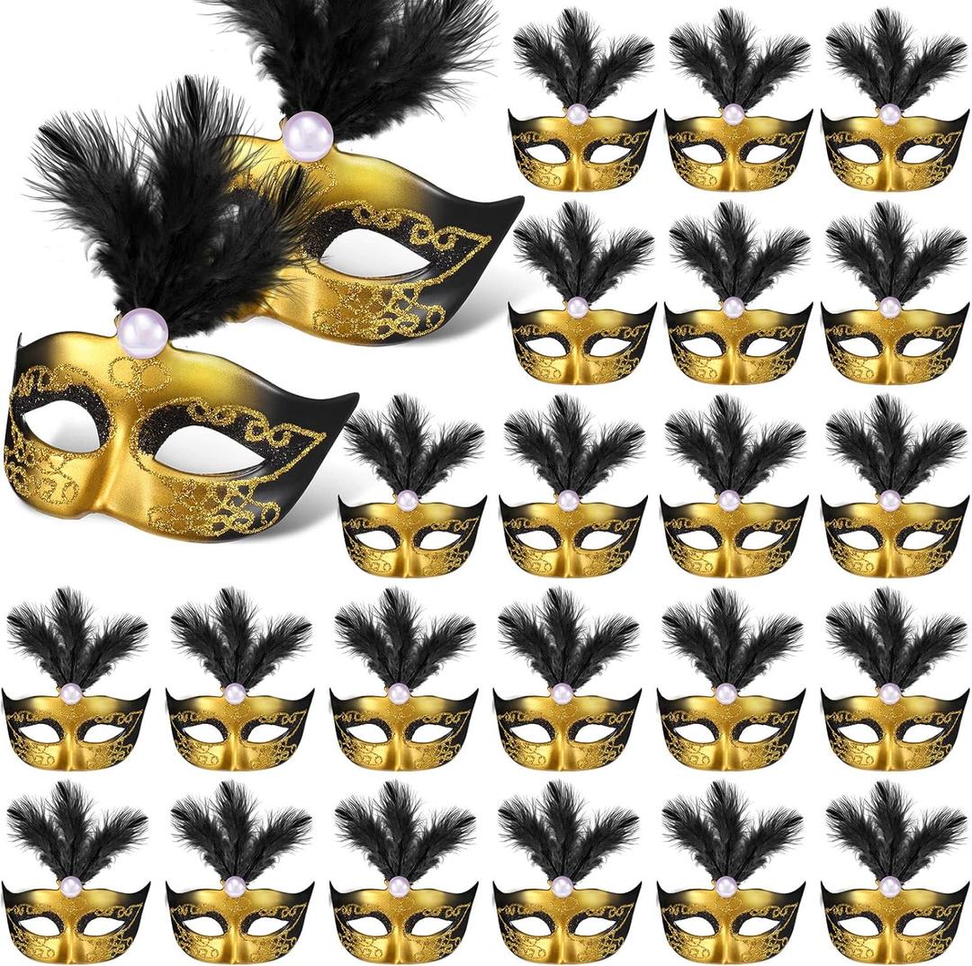 Charniol 24 Pcs Mini Mask Masquerade Small Masquerade Mask Dress Up Cake Topper Decor Mardi Gras Venetian Centerpiece Decor (Black)