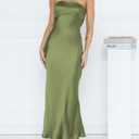 Women's Summer Satin Strapless Tube Top Maxi Dress Elegant Silk Backless Halter Neck Formal Party Dresses Wedding Guest (Beige, L)