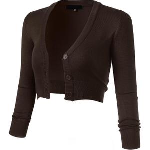  Women's 3/4 Sleeve Button-Down V-Neck Cropped Bolero Shrug Cardigan (M, Coffee)