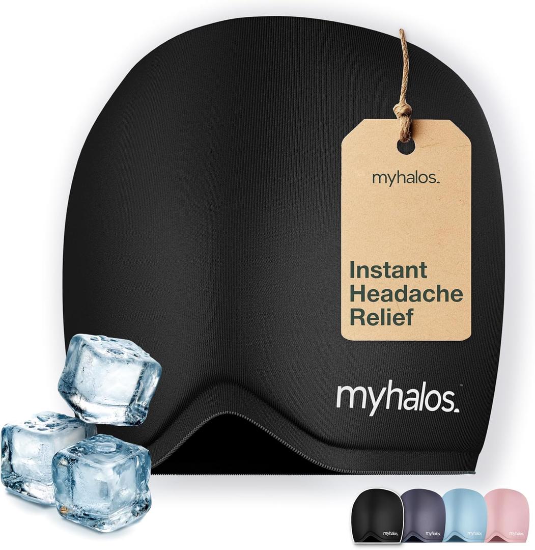 MyHalos® Migraine Relief Cap, 30% Thicker, 2X More Cooling Gel, Stays Colder for Longer, Ice Hat, Ice Pack Head Wrap, Cold Headaches & Migraine Mask - Hangover, Tension Headache Relief Cap (Black)