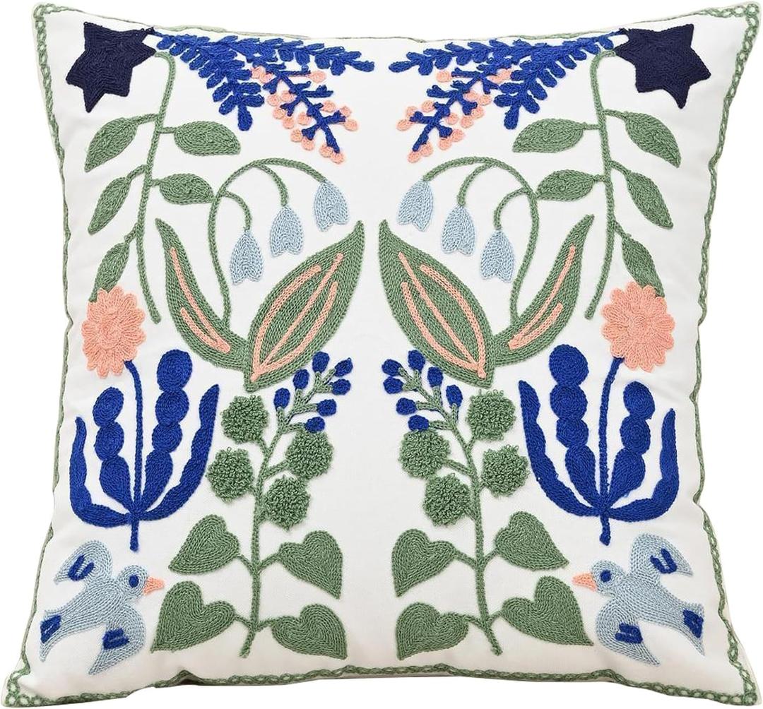 Embroidered Floral Navy Blue Throw Pillow Covers Decorative Green Leaves Tufted Patterned Cotton Cushion Cases Farmhouse for Couch Bed Living Room Decor 18"x 18"