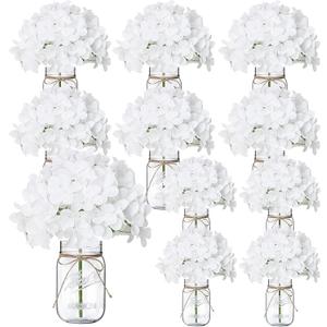 Flowers in Mason Jars for Table, 10 Set Artificial Hydrangea Table Centerpieces Glass Flowers Vases Decor for Home Party Wedding Farmhouse Bridal Shower Graduation Boho Decorative(White)