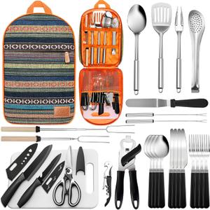 Portable Camping Kitchen Utensil Set-27 Piece Cookware Kit, Stainless Steel Outdoor Cooking and Grilling Utensil Organizer Travel Set Perfect for Travel, Picnics, RVs, Camping, BBQs, Parties and More (Orange)
