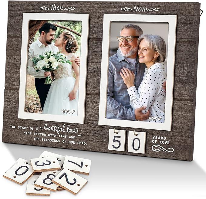 Then & Now Celebrate Years of Love Anniversary Frame, 1-99 Years Wedding Gift Ideas, Engagement Bridal Shower Gifts with Sentimental Quote,Holds 2 4x6 Inches Photos (Then & Now)