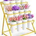VGMiu Flower Display Stand with 12 Buckets, Gold Flower Cart with Wheels 3 Layers Metal Flower Bar Stand Moving Flower Stand Florist Bouquet Shelf for Weddings Party Ceremony Indoor Outdoor Garden
