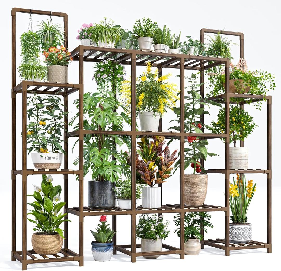 EnHomee Plant Stand Indoor Tall Plant Stand Outdoor Large Wood Plants Shelf with 16-20 Pots for Patio, Living Room, Garden, Balcony, 56.1" Wx47 Hx11.78 D