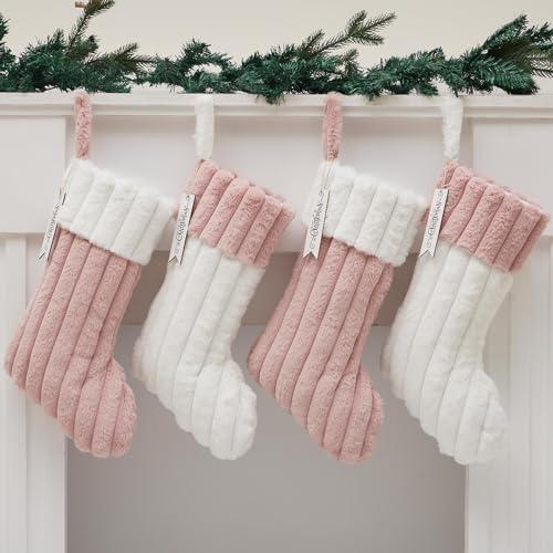 4 Pack Pink Christmas Stockings 18 Inch, Pink and White Christmas Stockings with Name Tags, White Plain Xmas Hanging Stockings for Holiday Tree Ornaments Party Decorations Indoor Women Girls