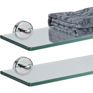 JQK Bathroom Glass Shelf Chrome, Tempered Glass Shower Storage 12 by 5 inches, 304 Stainless Steel Polished Chrome Wall Mount 2 Pack, TGS101L12-CH-P2