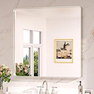 Keonjinn Brushed Nickel Wall Mirror, 36 x 36 Inch Large Square Silver Bathroom Mirrors for Over Sink, Rounded Rectangle Farmhouse Vanity Mirror, HD Tempered Glass Modern Mirror(Horizontal/ Vertical)
