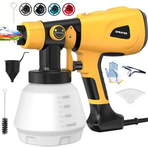 Paint Sprayer Tool 1000W High Power Electric Paint Spray Gun with Adjustable Spray Width Knob 4 Nozzles and 3 Patterns Simple to Clean for Lawn and Garden Furniture Home Interior House Painting Yellow