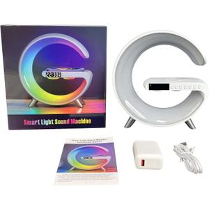 Smart Light Sound Machine with Wireless Charger, Music Rhythm Atmosphere Light, Bluetooth Speaker, Clock Alarm, Button and APP Control (White)