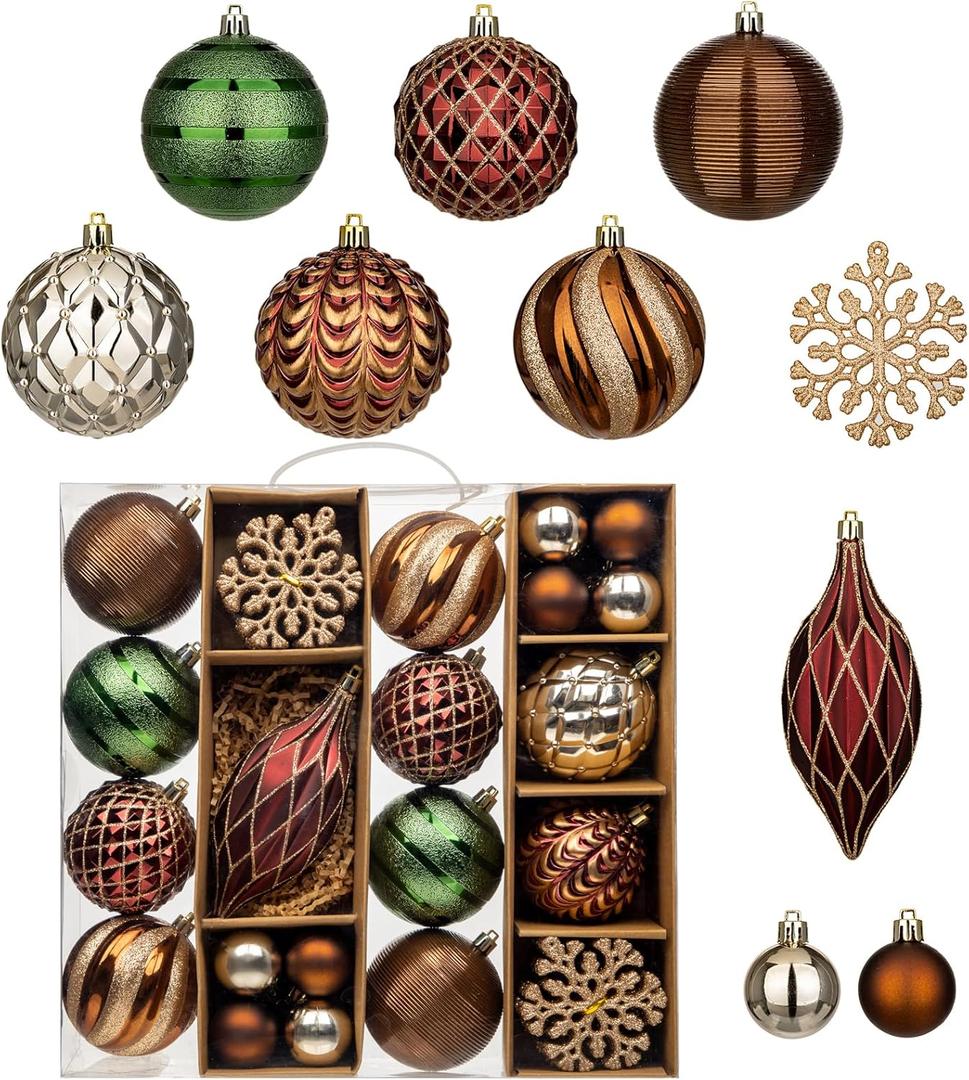 Hollyone Christmas Balls Ornaments Set, 67pcs Glitter Brown Red Green Shatterproof Christmas Ball Snowflakes Tree Ornaments Hanging Ball Decoration for Xmas Tree Wreath Garland Wedding Home Decor