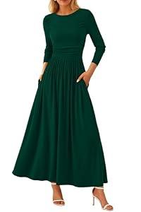 PRETTYGARDEN Women's Spring Casual Long Sleeve Maxi Dresses Crewneck Ruched A Line Flowy Elegant Modest Going Out Dress (Dark Green, X-Small)
