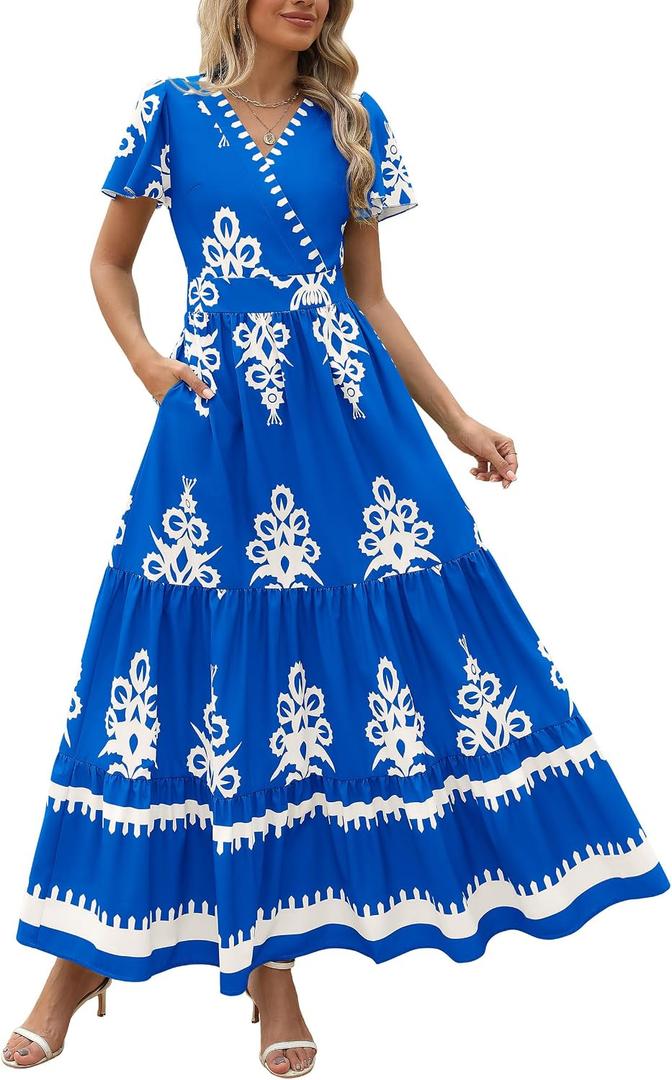 PRETTYGARDEN Womens 2026 Summer Casual V Neck Boho Maxi Dress Flowy Aline Bell Sleeve Tiered Floral Dresses with Pocket (Blue, L)