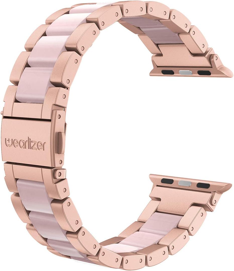 Wearlizer Compatible with Apple Watch Bands 38/40/41/42mm Women Wristband Stainless Steel & Pink Resin Stylish Metal Sleek Bracelet for iWatch Series 11 10 9 8 7 6 5 4 3 SE/Ultra 3 2 1