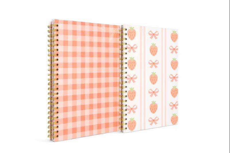 2 Pcs Pink Strawberry Bow Spiral Notebook, Cute Preppy Spiral Journal Notebook for Women Friend Girls, 160 Pages Trendy Hardcover Journaling Notebooks for Home Office Writing Aesthetic Notebooks