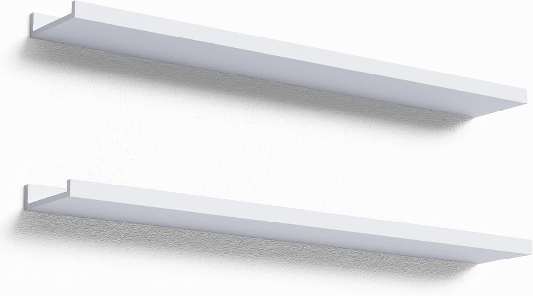 36 Inches Long Floating Shelves Wall Mounted, 2 Set Modern White Wall Shelf for Bedroom, Nursery Book Shelf with Lip, Picture Ledge Shelf for Wall Decor Living Room Bathroom Kitchen - White (35.4 In)