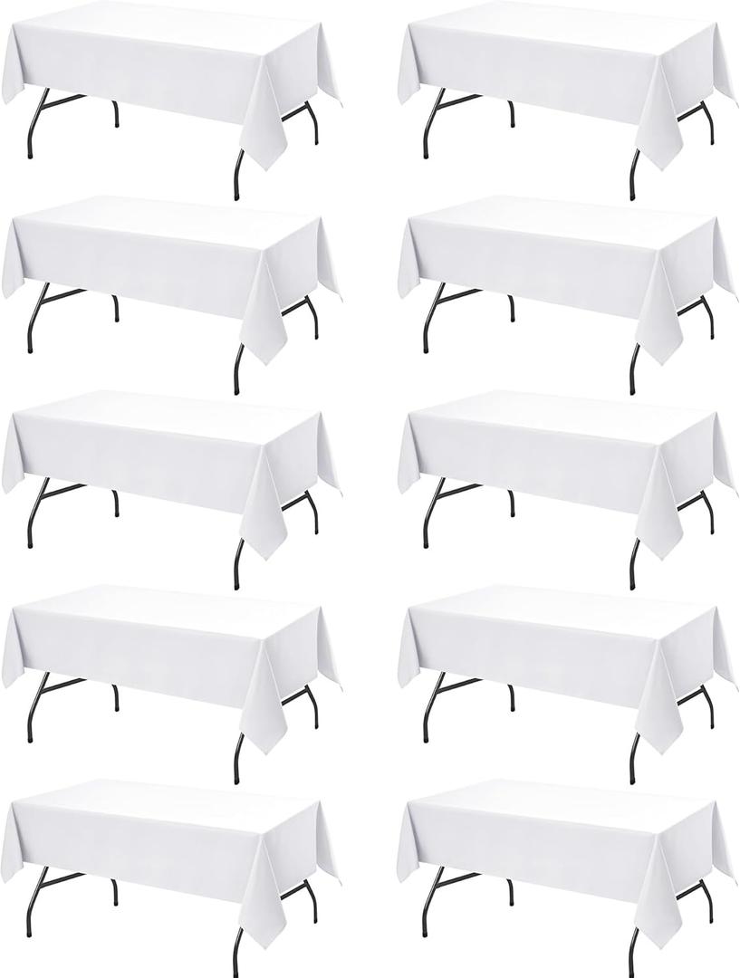 10-Pack White Tablecloths for Rectangle Tables, 60 x 102 Inches, Stain-Resistant Polyester Fabric for 6 Foot Tables - Washable Table Covers for Weddings, Banquets, Birthday, Parties, Events